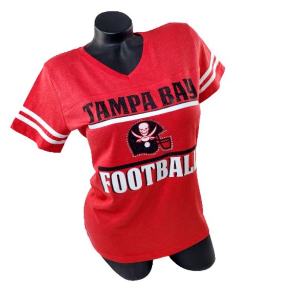 Tampa Bay Football Vintage V Neck Tee with Crystals & Shiny Lettering. - Picture 1 of 6